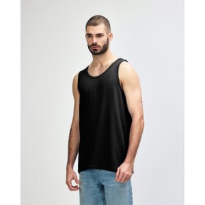 A black Gildan Heavy Cotton adult tank top with a relaxed fit, featuring a logo.