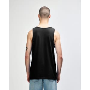 A black Gildan Heavy Cotton adult tank top displayed from the back, featuring a simple design and a logo.