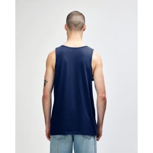 A navy Gildan Heavy Cotton adult tank top featuring a back view, showcasing its simple design and fit.