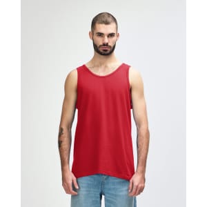 A red Gildan Heavy Cotton adult tank top displayed on a model, featuring a logo on the garment.