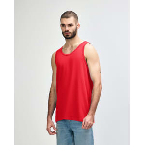 A red Gildan Heavy Cotton adult tank top displayed on a male model, featuring a simple design and a logo.