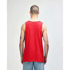 A red tank top with a casual fit, featuring a branding logo on the back.