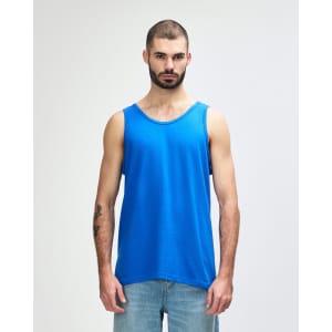 A blue Gildan Heavy Cotton adult tank top on a male model, featuring a plain design and a logo.