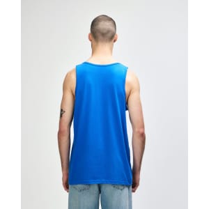 A blue Gildan Heavy Cotton adult tank top, viewed from the back. It features a plain design and has a logo.