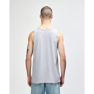 A grey Gildan Heavy Cotton adult tank top, featuring a simple design and a back view of the garment.
