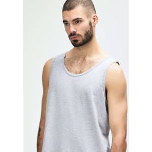 A light grey tank top featuring a round neck and wide straps, with a small logo on the side.