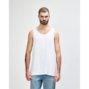 A white tank top displayed on a mannequin, featuring a simple design and a branding logo.
