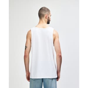 A white Gildan Heavy Cotton adult tank top, viewed from the back, featuring a plain design and a slightly loose fit.