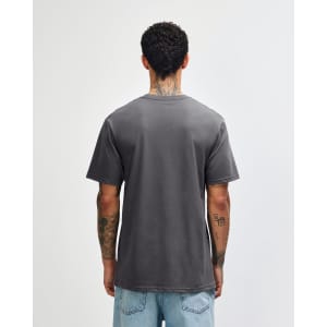 A unisex short sleeve T-shirt in grey, featuring a simple design and visible branding on the back.