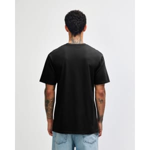 A black unisex short sleeve T-shirt displayed from the back, with a visible logo on the fabric.
