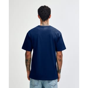 A navy blue unisex short sleeve T-shirt with a plain back, featuring a logo at the neck area.