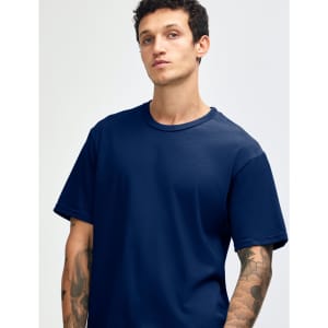 A navy blue unisex short sleeve T-shirt with a relaxed fit, featuring a logo on the side.