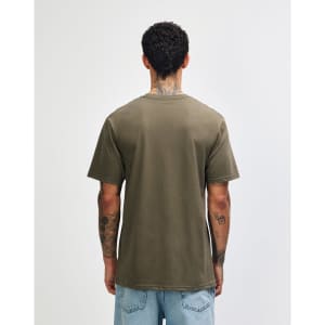 A sueded unisex short sleeve T-shirt in olive green, featuring a logo on the back.