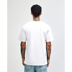 A white unisex short sleeve T-shirt with a relaxed fit, displayed from the back. It features a logo on the neck area.