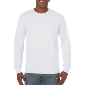 A white long sleeve T-shirt featuring a round neckline and a plain design, displayed on a smiling model.