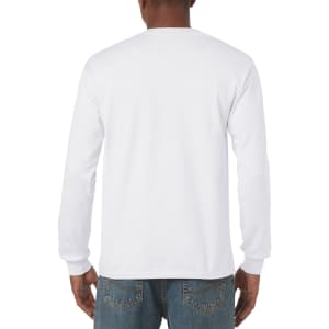 A white long sleeve T-shirt viewed from the back, worn by a person with no visible logo.