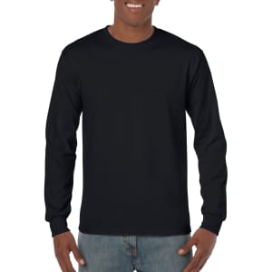 A black long sleeve t-shirt features a simple design, with a logo on the front, displayed on a smiling model.