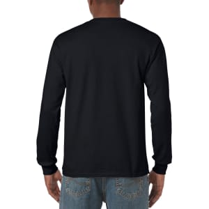 A person wearing a black long sleeve t-shirt, viewed from the back, paired with blue jeans. The shirt has a logo.