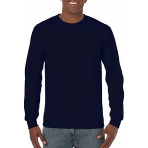 A navy long sleeve T-shirt displayed on a model, featuring a plain design and a logo.