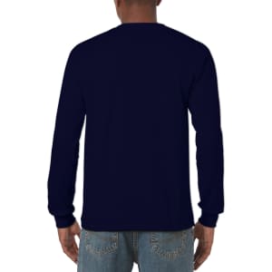 A navy long sleeve t-shirt is displayed from the back, featuring a plain design and a visible logo.