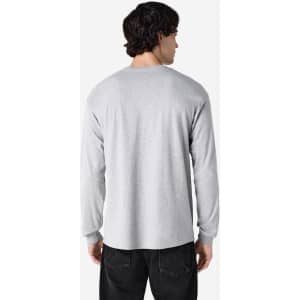 A grey long sleeve t-shirt with a round neck, featuring a simple design and a logo on the back.
