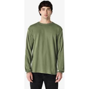 A long sleeve T-shirt in olive green, featuring a relaxed fit and a branding logo.
