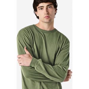 A long sleeve t-shirt in olive green, featuring a simple design and a logo on the front.