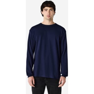 A navy long sleeve t-shirt for adults, featuring a crew neck and a simple design. Includes a logo on the shirt.