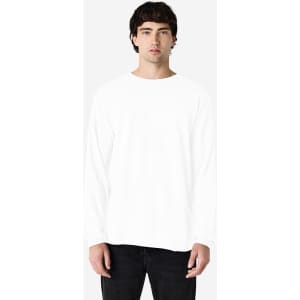 A white long sleeve t-shirt on a male model, featuring a logo on the chest.