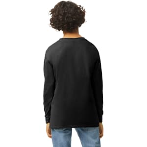 A back view of a black long sleeve youth t-shirt with a simple design and a logo at the neckline.