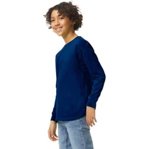 A navy long sleeve youth t-shirt, featuring a round neckline and a logo on the front.