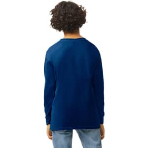 A blue Gildan Heavy Cotton Youth Long Sleeve T-shirt with a plain back design and long sleeves.
