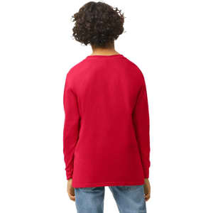 A red long sleeve youth t-shirt viewed from the back, featuring a simple design and relaxed fit.