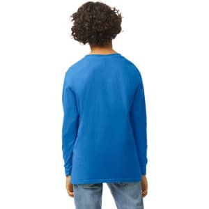 A blue long sleeve youth T-shirt with a crew neck and a plain back view. Features a logo on the garment.
