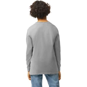 A youth long sleeve T-shirt in grey, featuring a logo, displayed from the back.