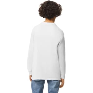 A white long sleeve youth T-shirt viewed from the back, featuring a simple design and a logo.