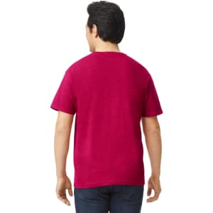 A man wearing a maroon Gildan Softstyle adult t-shirt, viewed from the back. The shirt has a logo on it.