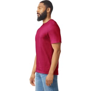 Adult T-shirt in a rich red colour, featuring short sleeves and a crew neck, displayed on a male model.