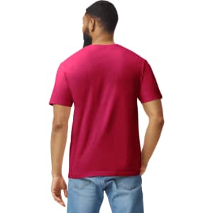 A man wearing a maroon Gildan Softstyle adult t-shirt, viewed from the back, features a logo on the shirt.