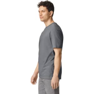 A grey Gildan Softstyle adult t-shirt displayed on a male model, featuring short sleeves and a standard fit.