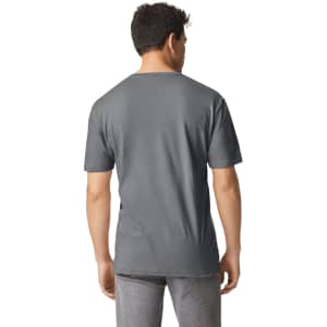 A grey Gildan Softstyle adult t-shirt displayed from the back, featuring a simple design and no visible logos.