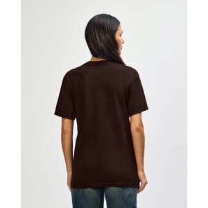 A brown Gildan Softstyle adult T-shirt viewed from the back, with short sleeves and a plain design.