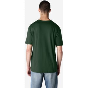 A back view of a dark green Gildan Softstyle adult T-shirt on a person, paired with light blue jeans.