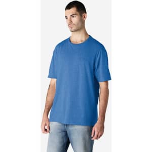 A blue Gildan Softstyle adult T-shirt displayed on a male model, featuring a relaxed fit and short sleeves.