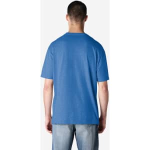 A blue Gildan Softstyle adult T-shirt viewed from the back, featuring a plain design and short sleeves.