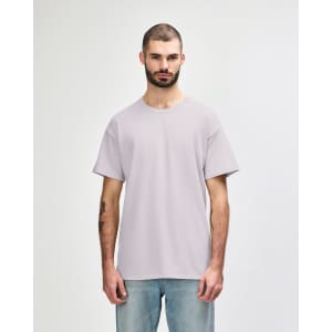 A light grey adult t-shirt with short sleeves, featuring a logo on the front.