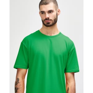 A plain green Gildan Softstyle adult T-shirt displayed on a model with a neutral expression.