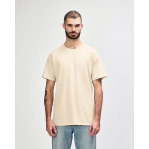 A light beige adult T-shirt displayed on a male model, featuring a crew neck and short sleeves.