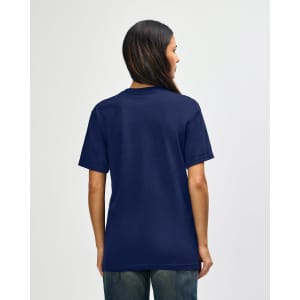 A navy blue Gildan Softstyle adult T-shirt viewed from the back, featuring a plain design and a logo.