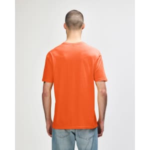 An orange adult t-shirt displayed from the back, featuring a plain design and a visible logo.